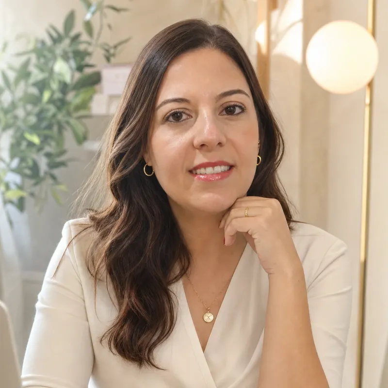 Jacqueline Costa Araujo sorrindo, com a mão apoiada no queixo